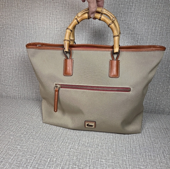 Dooney and Bourke Bamboo Handle Nylon Tan Khaki Tote Bag Purse - Picture 1 of 11